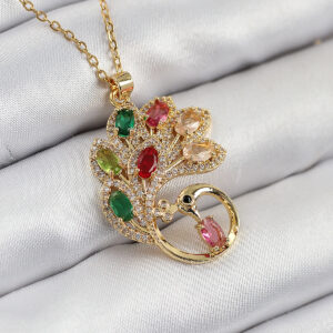 316L Çelik Zirkon Taşlı Tavus Kuşu Model Gold Renk Kadın Kolye BKO10514