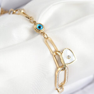 316L Çelik Nazar Boncuğu Ve Zirkon Taşlı Kalp Model Gold Renk Kadın Bileklik BB7837