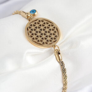 316L Çelik Nazar Boncuğu Detaylı Yaşam Çiçeği Model Gold Renk Kadın Bileklik BB7838