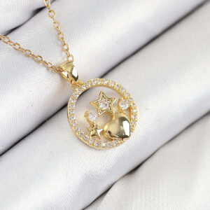 316L Çelik Zirkon Taşlı Yıldız Ve Kalp Model Gold Renk Kadın Kolye BKO10522