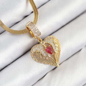 316L Çelik Zirkon Taşlı Kanatlı Kalp Model Gold Renk Kadın Kolye BKO10533