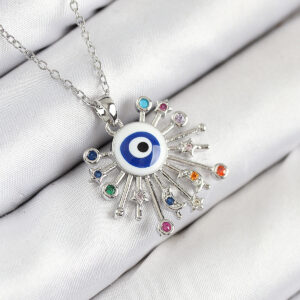 316L Çelik Zirkon Taşlı Nazar Model Gümüş Renk Kadın Kolye BKO10543
