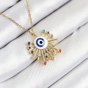 316L Çelik Zirkon Taşlı Nazar Model Gold Renk Kadın Kolye BKO10544