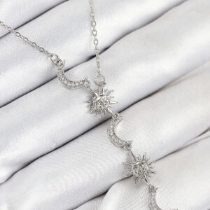 316L Çelik Zirkon Taşlı Güneş Ve Ay Model Gümüş Renk Kadın Kolye BKO10549