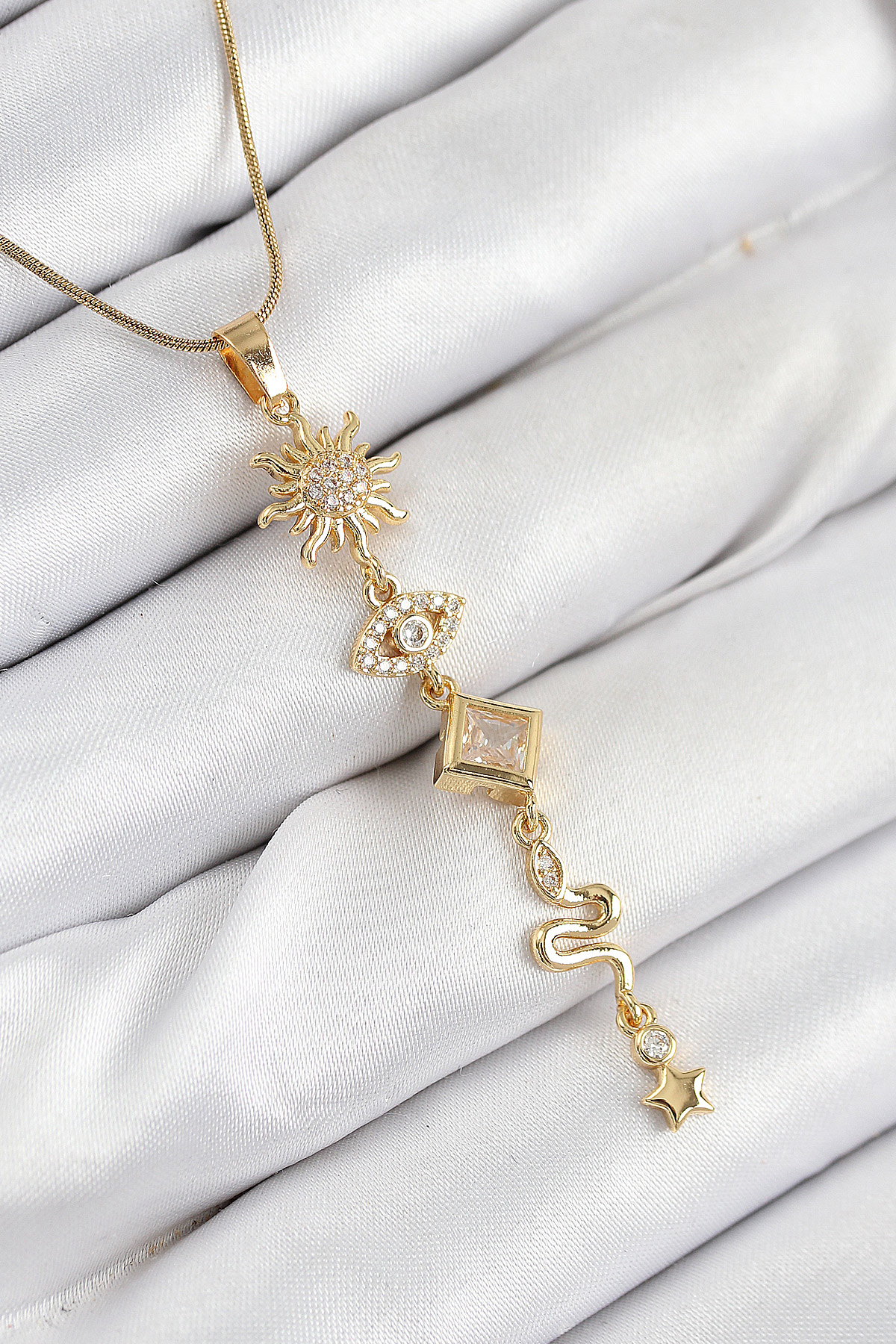 316L Çelik Zirkon Taşlı Güneş Ve Ay Enerji Model Gold Renk Kadın Kolye BKO10550