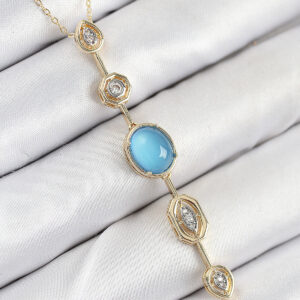 Pirinç Zincir Mavi Gold Renk Zirkon Taşlı Y Kolye BKO10558