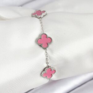 316L Çelik Gümüş Zincir Pembe Renk Yonca Bileklik BB7909