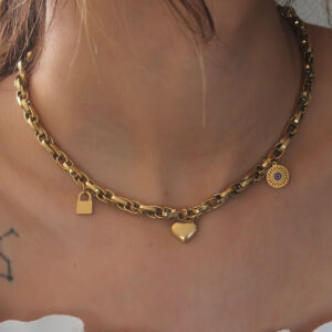 Çelik Gold Renk Kalın Zincir Model Kalp Figür Kadın Kolye BKO6898