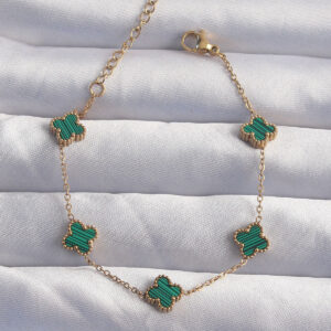 316L Çelik Baby Boy Gold Renk Çizgili Yeşil Mineli Yonca Bileklik BB6271