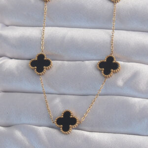 316L Çelik Gold Renk Siyah Mineli Yonca Kolye BKO8998