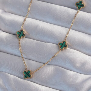 316L Çelik Gold Renk Minimal Yeşil Mineli Yonca Kolye BKO9000