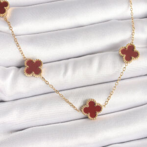 316L Çelik Gold Renk Zincir Bordo Yonca Model Kadın Kolye BKO9926