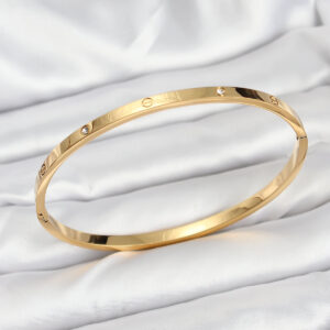 316L Çelik Gold Renk Zirkon Taşlı 65 mm İnce Kadın Kelepçe Bileklik BB7914