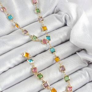 Pirinç Asorti Kare Model Gold Renk Zirkon Taşlı Y Kolye BKO10253