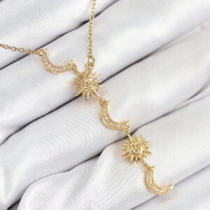 316L Çelik Zirkon Taşlı Güneş Ve Ay Model Gold Renk Kadın Kolye BKO10548