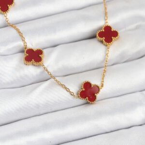 316L Çelik Gold Renk Zincir Bordo Yonca Kadın Kolye BKO10565