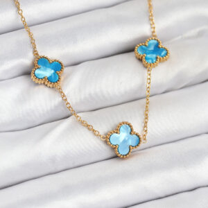 316L Çelik Zincir Gold Buz Mavisi Renk Yonca Kolye BKO10566