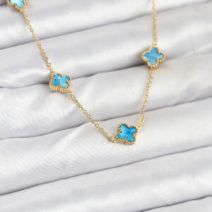316L Çelik Zincir Gold Renk Buz Mavisi Baby Boy Yonca Kadın Kolye BKO10571