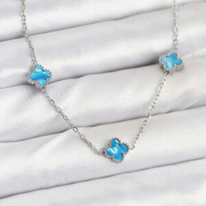 316L Çelik Zincir Gümüş Renk Buz Mavisi Baby Boy Yonca Kadın Kolye BKO10576