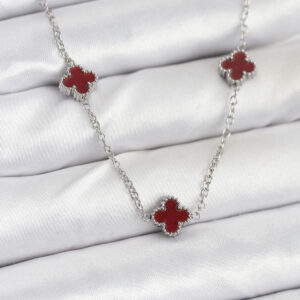 316L Çelik Zincir Gümüş Renk Bordo Baby Boy Yonca Kadın Kolye BKO10577