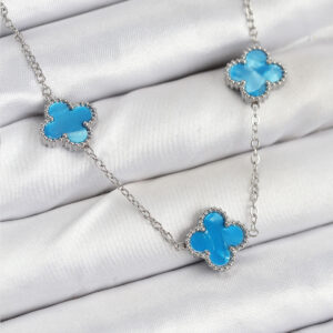 316L Çelik Zincir Gümüş Buz Mavisi Renk Yonca Kadın Kolye BKO10582