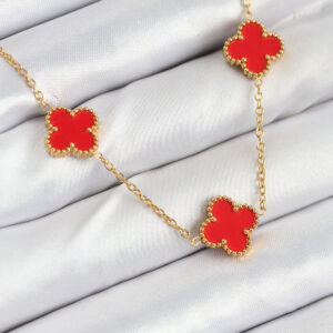 316L Çelik Zincir Gold Kırmızı Renk Yonca Kadın Kolye BKO10585