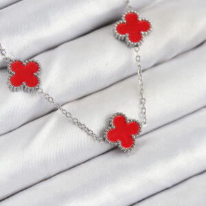316L Çelik Zincir Gümüş Kırmızı Renk Yonca Kadın Kolye BKO10586