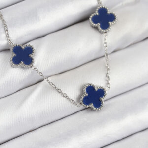 316L Çelik Zincir Gümüş Lacivert Renk Yonca Kadın Kolye BKO10587