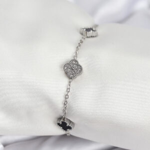 316L Çelik Gümüş Renk Siyah ve Zirkon Taşlı Baby Boy Yonca Kadın Bileklik BB7954