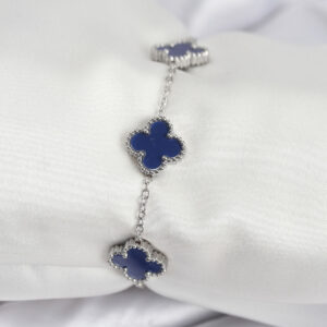 316L Çelik Zincir Gümüş Renk Lacivert Yonca Kadın Bileklik BB7958