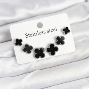 316L Çelik Gümüş Siyah Renk 3 Boy Yonca Küpe Seti BKP11234