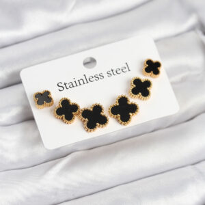 316L Çelik Gold Siyah Renk 3 Boy Yonca Küpe Seti BKP11235