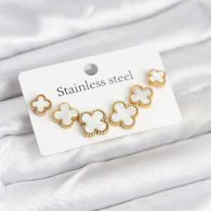 316L Çelik Gold Beyaz Renk 3 Boy Yonca Küpe Seti BKP11237