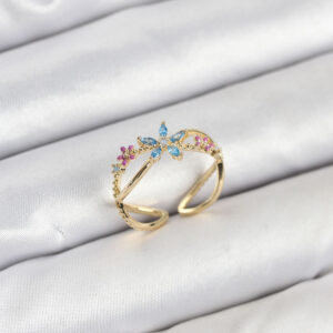 Pirinç Gold Renk Zirkon Taşlı Mavi Çiçekli Kadın Yüzük BYK3834