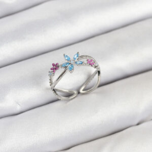 Pirinç Gümüş Renk Zirkon Taşlı Mavi Çiçekli Kadın Yüzük BYK3835