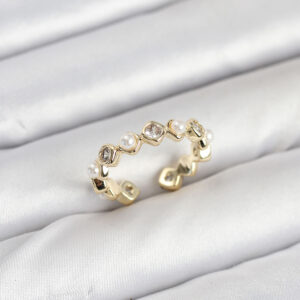 Pirinç Gold Renk Zirkon Taşlı İncili Kadın Yüzük BYK3876