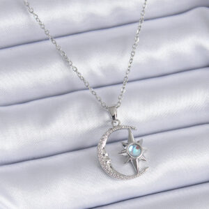 316L Çelik Gümüş Renk Zirkon Taşlı Ay Yıldız Model Kadın Kolye BKO7689