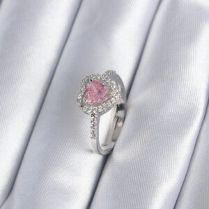 Pirinç Gümüş Renk Pembe Zirkon Taş Kalp Charm Model Kadın Yüzük BYK2859