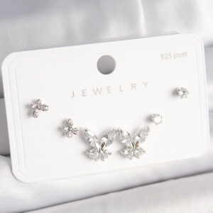 925 Ayar Gümüş Çivi Pirinç Zirkon Taşlı Kelebek Model Kadın Küpe Seti BKP10402