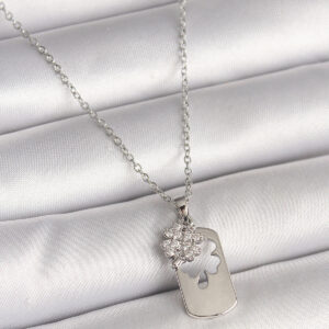 316L Çelik Gümüş Renk Zincir Zirkon Taşlı Yonca Model Kadın Kolye BKO9975