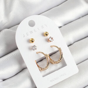 Pirinç Zirkon Taş Ve Halka Figürlü Gold Renk 3'lü Çift Kadın Küpe Set BKP10652