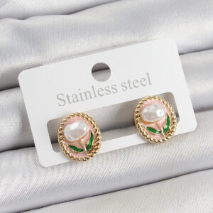 Pirinç Pembe Mineli Lale Figürlü Sanatsal Portre Model Gold Renk Kadın Küpe BKP10672