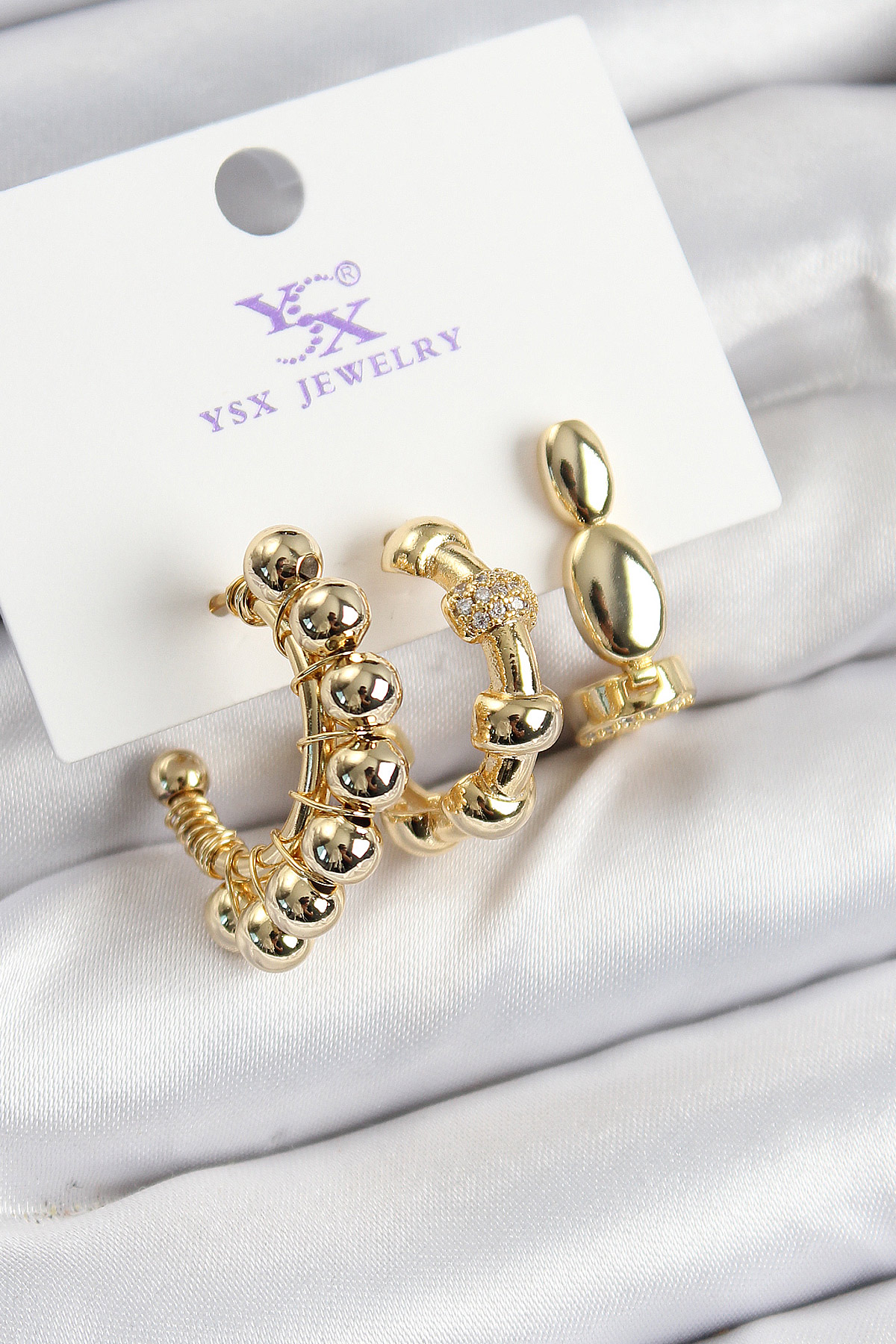 Pirinç Zİrkon Taşlı Halka Model Gold Renk 3'lü Kadın Küpe BKP10941