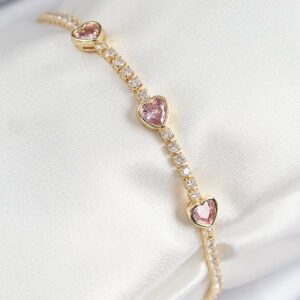 Pirinç Zirkon Taşlı Pembe Kalp Model Gold Renk Kadın Bileklik BB7687