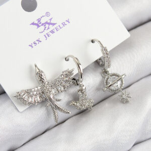 Pirinç Zirkon Taşlı 3'lü Kuş Model Gümüş Renk Kadın Küpe BKP11124