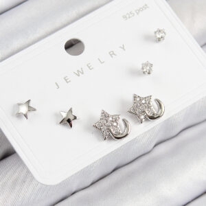 Pirinç Zirkon Taşlı Yıldız Model Gümüş Renk 925 Ayar Gümüş Çivi Kadın Küpe Set BKP11177