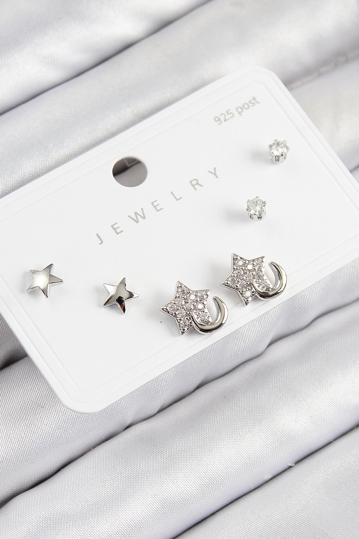 Pirinç Zirkon Taşlı Yıldız Model Gümüş Renk 925 Ayar Gümüş Çivi Kadın Küpe Set BKP11177