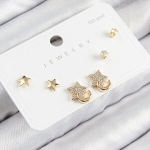 Pirinç Zirkon Taşlı Yıldız Model Gold Renk 925 Ayar Gümüş Çivi Kadın Küpe Set BKP11178