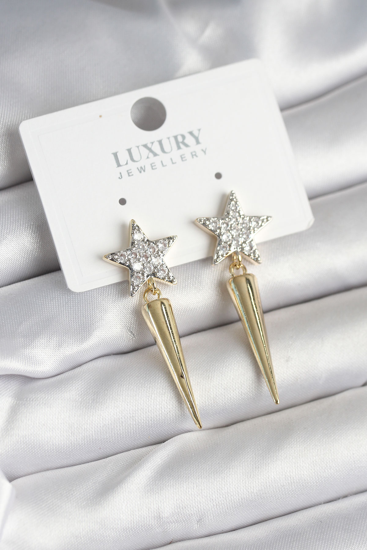 Pirinç Gold Renk Zirkon Taşlı Yıldız Model Çivi Kadın Küpe BKP11240