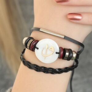 Siyah Renk Elif Vav Tasarım Çoklu Deri Bayan Bileklik BB2697-KS